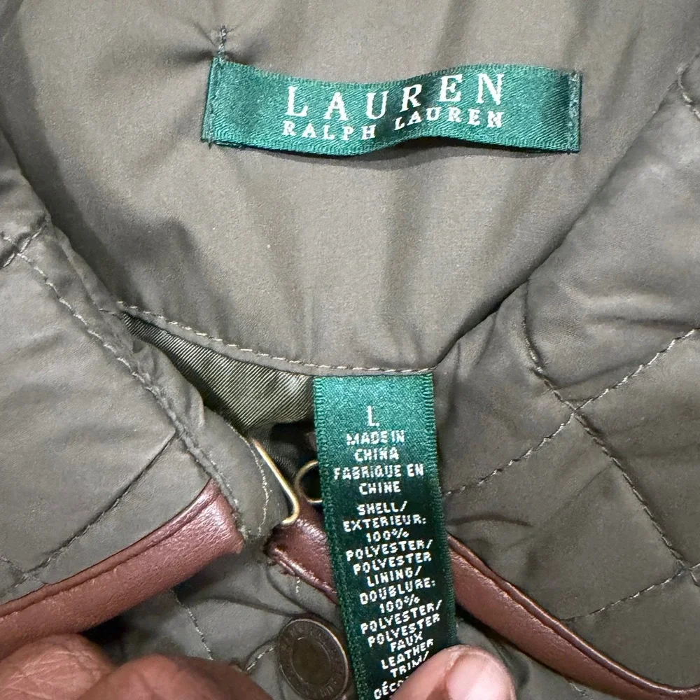 Lauren Ralph Lauren Quilted Jacket Olive Green Faux Leather Trim Women Large